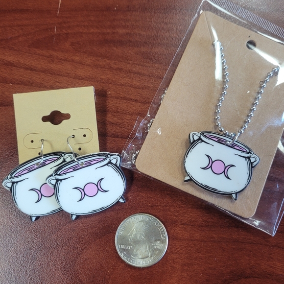 New Handmade Triple Goddess Witch Cauldron Acrylic Earring and Necklace Set - Picture 5 of 5